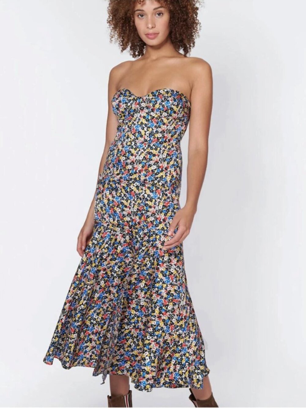 Veronica Beard Annika Strapless Built-In Bra Floral Silk Fluted Midi Dress, M